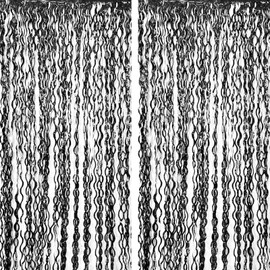 uxcell 2 Pcs Black Wavy Plastic Fringe Curtains Party Backdrop (3.3ft x 6.6ft) Tinsel Streamers Fringe Wall Background for Graduation Holiday Celebration Party Decorations