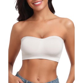 LEYSHE Strapless Bra for Women Bandeau Bra Top Non-Slip Padded Wireless Seamless Tube Top White