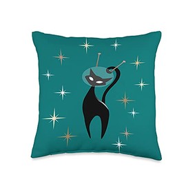 MCM Retro Atomic Mid Century Modern Space Cat Turquoise Throw Pillow