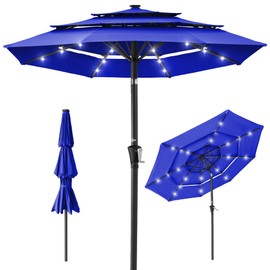 Best Choice Products 10ft 3-Tier Solar Patio Umbrella, Outdoor Market Sun Shade for Backyard, Deck, Poolside w/ 24 LED Lights, Tilt Adjustment, Easy Crank, 8 Ribs - Resort Blue