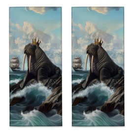 UNDAHIS Majestic Walrus Hand Towels 2 Pieces, 14.5×28in Soft Microfiber Crown and Sailboat Design Towels for Home Bathroom Decor, Kitchen Hand Towel for Cleaning Drying, Absorbent Face Bath Towel Set