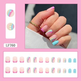 Short Square Press on Nails Spring Summer Fake Nails with Pastel Shades,Swirls Design - French Tip Fake Nails Reusable Acrylic Nails Glossy Full Cover Stick on Nails for Women Manicure 24 Pcs