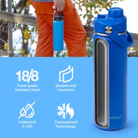 ThermoProof Double-Walled Vacuum Insulated Stainless Steel Water Bottle - Wide Mouth with Chug & Spout Lids, Dishwasher Safe, Reusable, Leakproof, Hot & Cold for Men, Women & Kids - 22oz, Blue