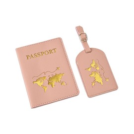 Passport Holder and Suitcase Tag Set, Faux Leather Passport Cover with Suitcase Pendant, for Passport, Business Cards, Credit Cards (Pink)