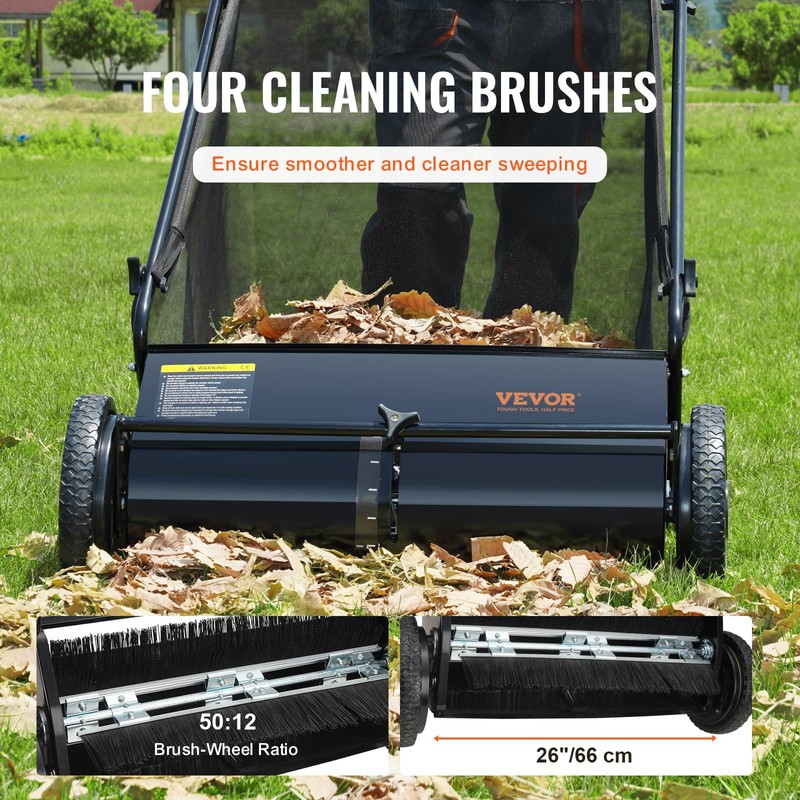 VEVOR Push Lawn Sweeper, 26 Inch Leaf & Grass Collector,
