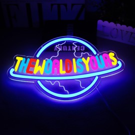 TOPQUALI The World is Yours Neon Sign for Wall Decor, The World is Yours Dimmable Planet LED Neon Light for Office Man Cave Home Bar Bistro Club Cafe Wedding Game Room Bedroom Birthday Graduation Party Gift16.1*10.6 Inch