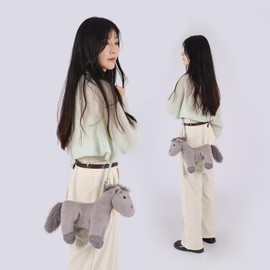 Apricot Lamb Grey Pony Horse Shaped Crossbody Plush Purse for Toddlers and Teen Girls, Stuffed Animal Shoulder Bag, Kids Fashion Handbags, 11.9 Inches