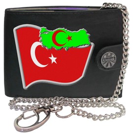 Klassek Turkey Flag Turkish Map and Coat of Arms COA Mens Wallet with Chain Real Leather RFID Blocking with Coin Pocket and Metal Gift Box