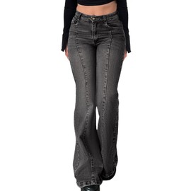EMMIOL Women Flared Jeans Mid-High Waist Jeans Y2K 90s Trendy Seamed Front Loose Denim Pants Grey