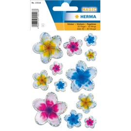 HERMA 15516 Stickers Flowers Glitter Small Large Pack of 12 Plant Stickers with 3D Flowers Motif, Children's Labels for Photo Album, Diary, Poetry Album, Scrapbooking, Birthday Decoration, Letters,