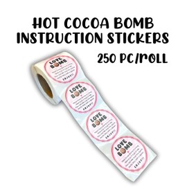 Love Bomb Stickers for Hot Cocoa Bomb Box | 250 pc Roll Bulk Packaging 2” Label Tag Instructions Ingredients for Holiday Valentine’s Pink Background