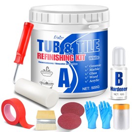 Tub and Tile Refinishing Kit - 17oz Semi-Gloss White Tile Paint with Tools for Bathtub Sink Countertop for Bathroom Kitchen, Bathtub Paint for Ceramic, Porcelain Fiberglass, Low Odor, 25-30 sq.ft