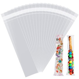 LEOSINDA 100 pcs 2 X 10 Inch Clear Long Resealable Cellophane Bags Treat Bags Cookie Bags Cello Candy Bags Self Sealing Adhesive Gift Wrap Plastic Small Business Packaging 1.3mil