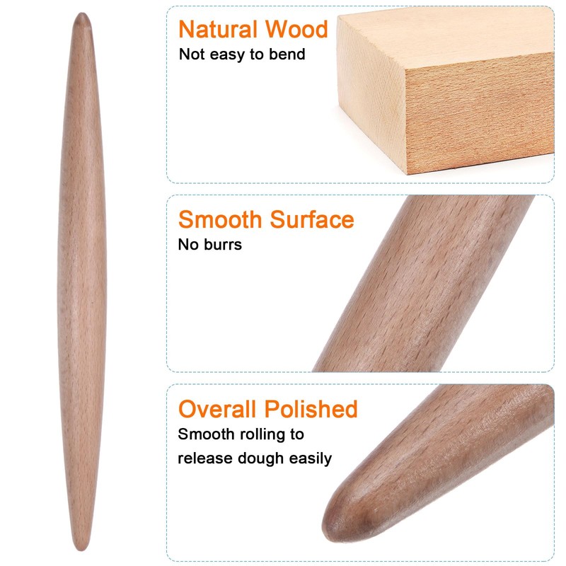 HARFINGTON Rolling Pin 11" x 1.1" Pointed Smooth Non-Stick Beech