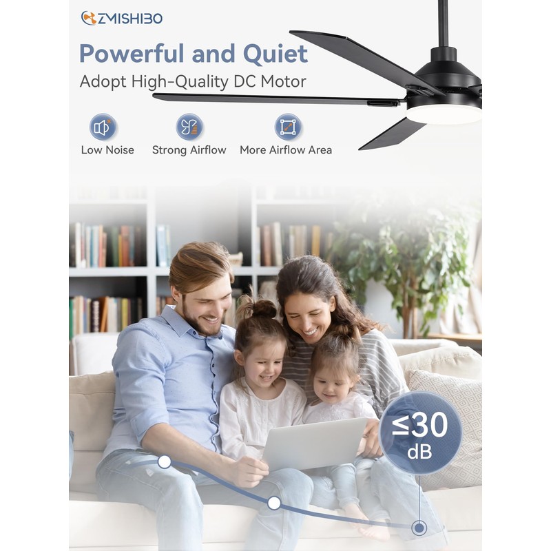 ZMISHIBO 60" Ceiling Fans with Lights, Black Modern Ceiling Fan