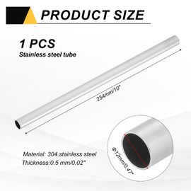 sourcing map 1 PCS 304 Stainless Steel Tubing, 12mm OD 0.5mm Wall Thickness 254mm Long Round Metal Pipe Steel Tube for Industrial Machinery Home Decoration DIY Crafts Model