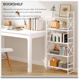 4NM No Assembly Folding Bookshelf Storage Shelves 5 Tiers, Foldable Vintage Plant Flower Stand Storage Rack Shelves Bookcase for Home Office - All White