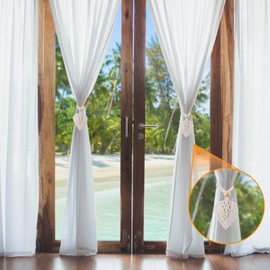 ANBOWEI Boho Curtain Tiebacks, 4pcs Hand Knitting Rope Tie Backs for Curtains, Curtain Holdbacks Rope with Leaf Shape Tassel, Cotton Curtain Holder for Decor Bedroom,Shower,Living Room - Beige