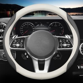 HAOTULE New Nappa Leather car Steering Wheel Cover, Universal 15 inch (White and Black)