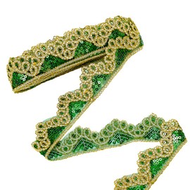PH PandaHall 9m Green Gold Sequin Trim 45mm Wide Beaded Fabric Trim Embellishments Sparkly Upholstery Trim Sewing Supplies Applique Lace for St Patrick's Day Decor DIY Craft Dress Clothing Curtain