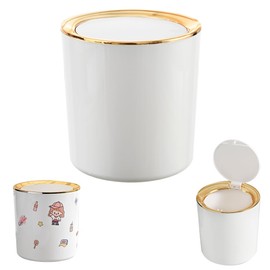 Zuxbolf Table Rubbish Bin with Lid, Mini Rubbish Bin, Plastic Rubbish Bin, Small Waste Paper Bin, White, Cosmetic Bin, Round Table Waste Bin with Stickers for Desk, Bathroom (15 x 14.5 cm)