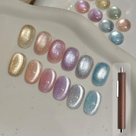 GAOY Glitter Cat Eye Gel Nail Polish Set with 3-in-1 Magnet, 16ml Silver Pink Blue Holographic Sparkle Colors Gel Nail for Nail Art DIY at Home, Gleaming Jewels