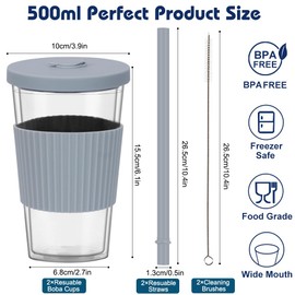 Uhapeer 2 Pack Boba Tea Tumblers, 500ml/17oz Double Wall Plastic Insulated Tumbler with Straw and Lid, Leakproof Iced Coffee Smoothie Bubble Tea Cup, Cool Gray and Indigo Blue