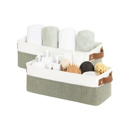 StorageWorks Narrow Storage Bins, Small Baskets for Organizing, Long Storage Basket with Handles, Fabric Storage Bins for Shelf, Green and White, 2-Pack