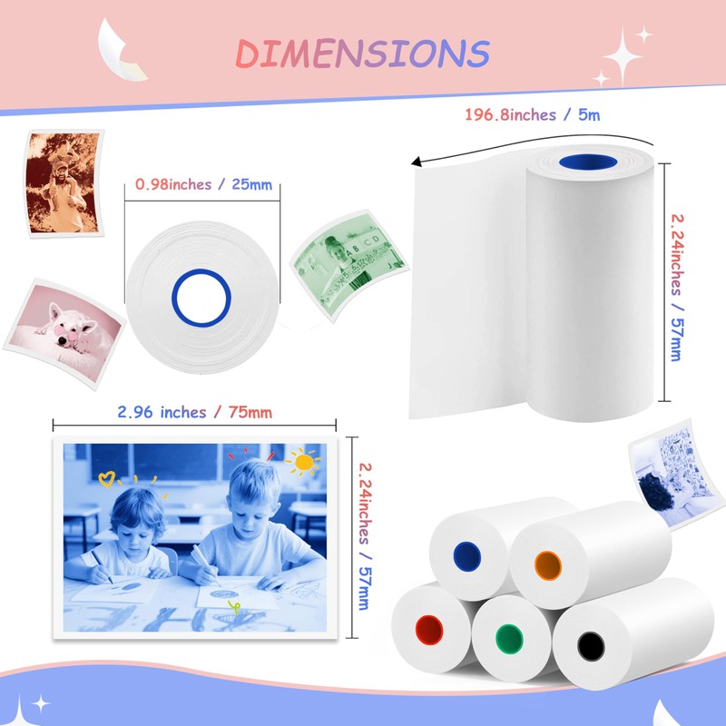 MIARALA 10 Rolls 5 Vibrant Single-Color Kids Camera Paper Roll