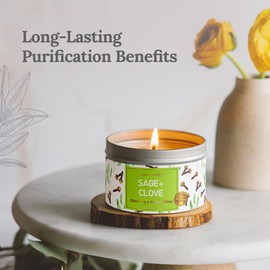 SAGE + Clove Aromatherapy Candle for House Energy Cleansing and Money Attraction, Banishes Negative Energy I Purification and Chakra Healing - Natural Soy Wax Tin Candle for Aromatherapy 6oz