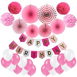 Birthday Decoration, Cocodeko Happy Birthday Banner, Tissue Paper Pom Poms, Hanging Paper Fan Set and 20 pcs Balloons for All Birthday Party Decorations - Pink, Rose Red and White