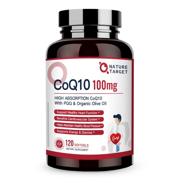 NATURE TARGET CoQ10-100mg-Softgels with 10mg PQQ - High Absorption Coenzyme-Q10 with Organic-Olive-Oil - Antioxidant for Heart & Brain Health, Cellular-Energy-Production, 120 Servings