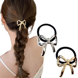 2PCS Metal Bow Hair Tie Hair Elastic Scrunchies Hair Rubber Bands Ponytail Holder Vintage Hair Accessories for Women Girl(Gold+Silver)