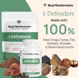 Real Mushrooms Real Mushrooms 5 Defenders Capsules - Organic Mushroom Extract w/Chaga, Shiitake, Maitake, Turkey Tail, Reishi Supplement Vegan, Non-GMO, 90 Caps