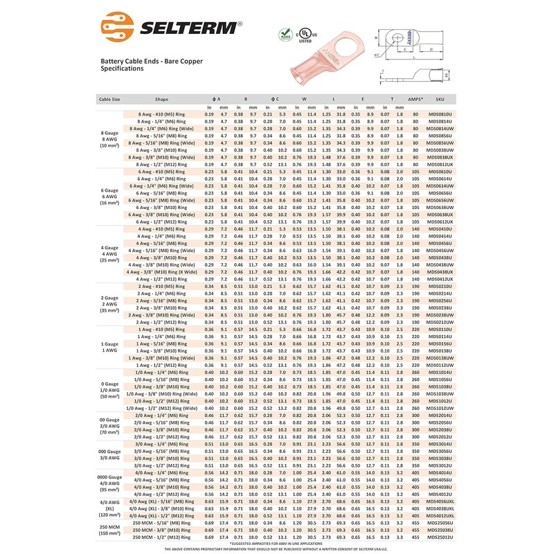 SELTERM 25pcs 4 AWG 3/8" Stud Battery Lugs, Ring Terminals,