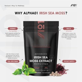 Irish Sea Moss Extract 5500mg - Rich in Trace Minerals High Strength 10:1 Extract - 90 Vegan Capsules (3 Month Supply) – by Alpha01®