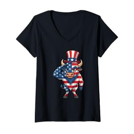 Womens Patriotic Salute Bison Uncle Sam Hat USA Flag July 4th Bull V-Neck T-Shirt