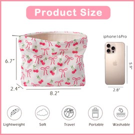 Cute Soft Corduroy Zipper Makeup Bag for Purse, Coquette Aesthetic Pouch with Pinkbow Pattern for Women Girls, Brushes Storage Travel Cosmetic Bags(01Cherry)