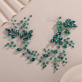 Teyglen Green Crystal Bride Flower Wedding Hair Vine Handmade Rhinestone Headband Bridal Head Piece for Women Party Prom Headpiece Sparkly Rhinestone Hair Accessories (Peacock Green)