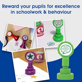 Xstamper Xclamations Verbal Feedback Teacher Stamp (Impression Size: 22mm). Pre-Inked Stamper for Marking School Work, Refillable Ink Stamps with Protective Dome - Genuine Xstamper Self Inking Stamps