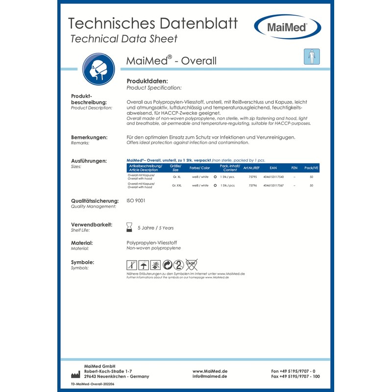 MaiMed Protective Overall, Protective Clothing, Work Suit Painter, White, XL,