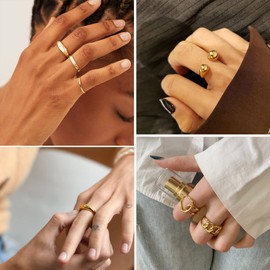 HAIAISO 16Pcs Gold Chunky Dome Ring Set for Women Girls 18K Gold Plated Stackable Open Link Ring Trendy Braided Twisted Geometric Heart Signet Ring Adjustable Open Band Rings Minimalist Statement Jewelry 4-9