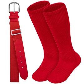 HONGTEYA Youth Baseball Socks and Belt Combo Set, 2 Pair Youth Softball Socks and Adjustable Baseball Belt for Boys Girls (Red-01, 13-16 Years)