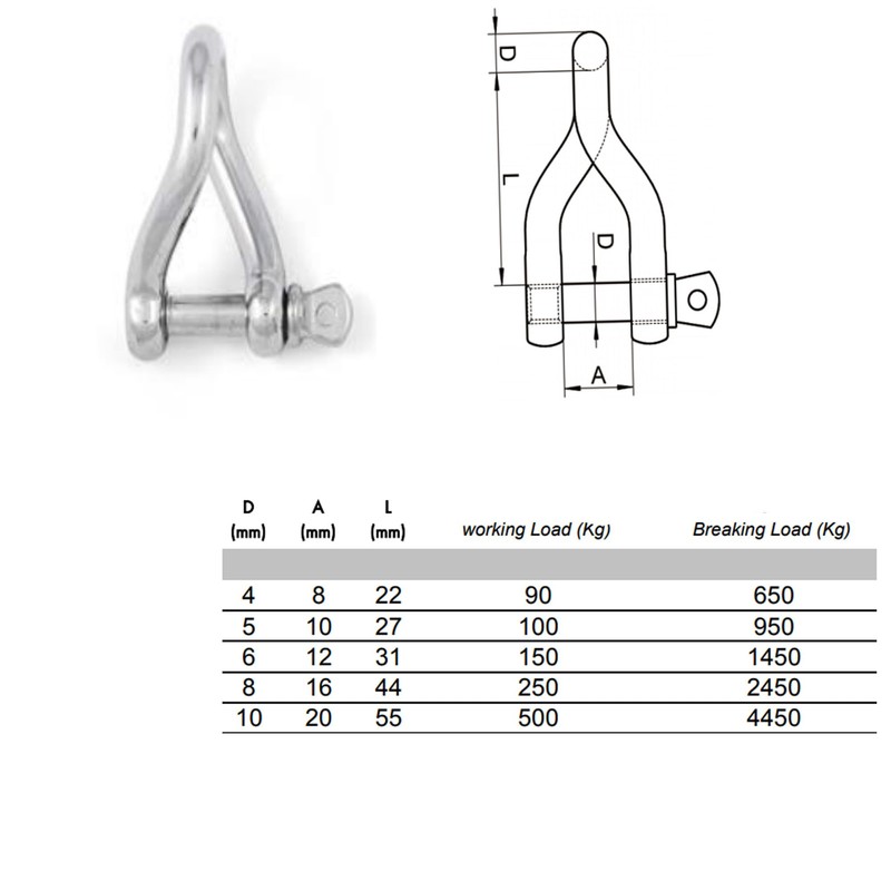 8mm Twisted Shackles Stainless Steel A4-Marine Grade (316) - for