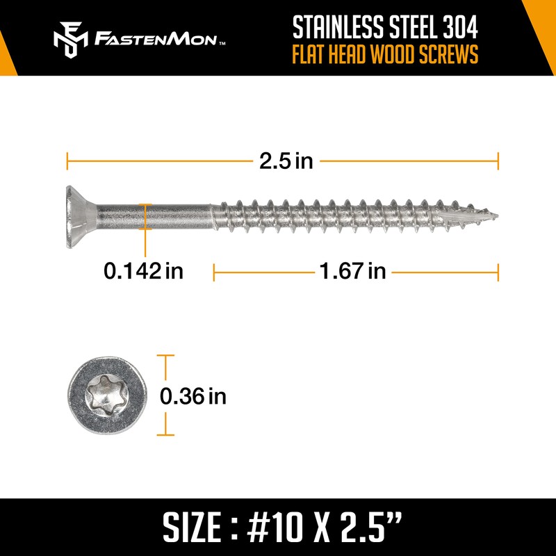 FM FastenMon #10x2-1/2 Stainless Steel Deck Screws, 304 Grade, 300