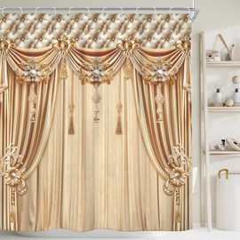 Riyidecor Gold Golden Champagne Shower Curtain Luxury Bridal Shower Elegant Modern European Style Simple Vintage 72Wx72H Inch Women Girl Fabric Decor Bathroom Polyester Waterproof 12 Pack Hooks