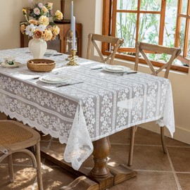 Jayla White Lace Tablecloth 54 X 108 Inches Rosa Multiflora Flower Embroidered with Scalloped Edges Knitted Lace Table Cloths for Dinner Party, Baby Shower, Tea Party Decorations, Home Decor