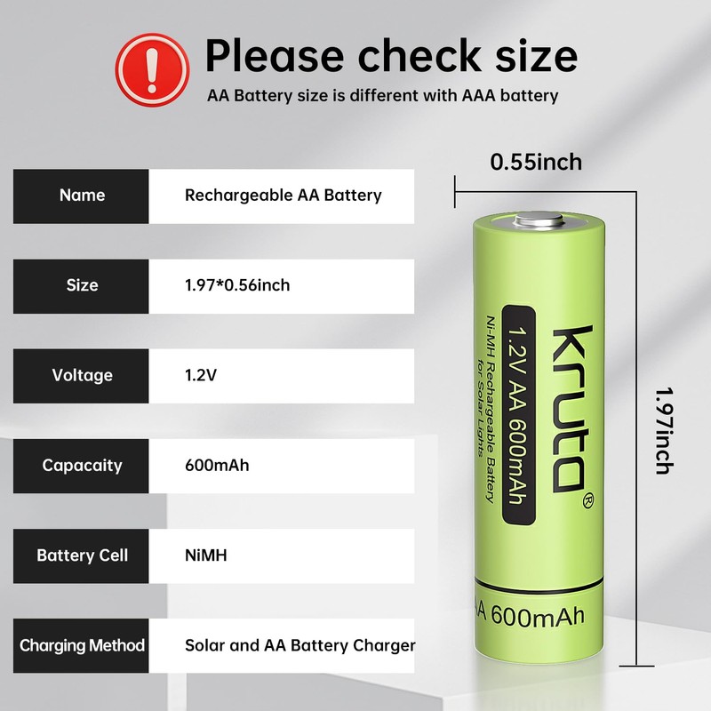 Kruta Rechargeable AA Battery for Outdoor Solar Lights, 12 Pack