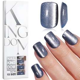 Bellelfin Cat Eye Press On Nails Short Square Fake Nails Kit Blue Cat Eye Nails Press on, Glossy Acrylic Nails Full Cover Stick On Nails, 120Pcs False Nails Shiny Artificial Nails for Women