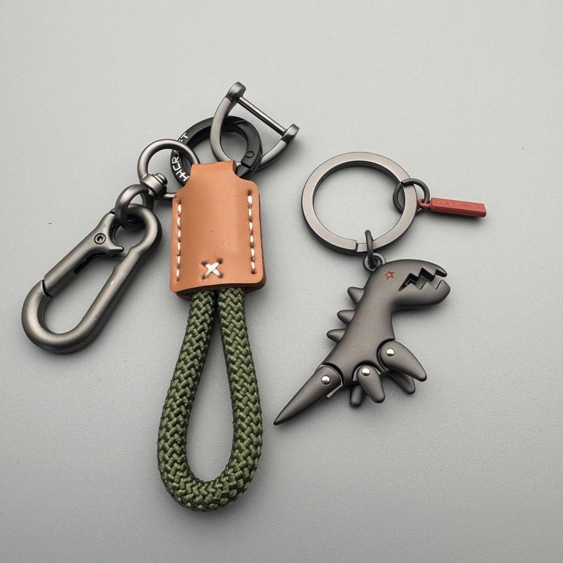 Aluminum Alloy Dinosaur Charm Paired with a Hand-woven Bracelet, Keychain